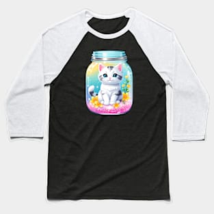 Cute Kawaii Cat With Beautiful Flowers In Mason Jar Baseball T-Shirt